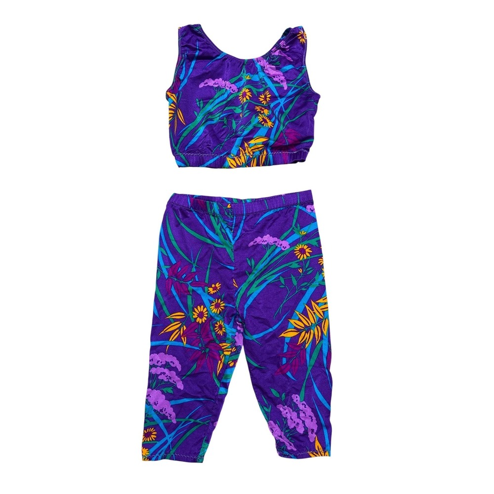 Girls 2 Piece 80s‎ Floral Outfit Purple Crop Top & Capri Leggings Set